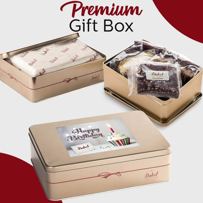 Premium gift box set with tin container and wrapped treats inside
