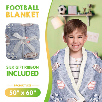 Folded gray sports blanket with ribbon, football and soccer prints
