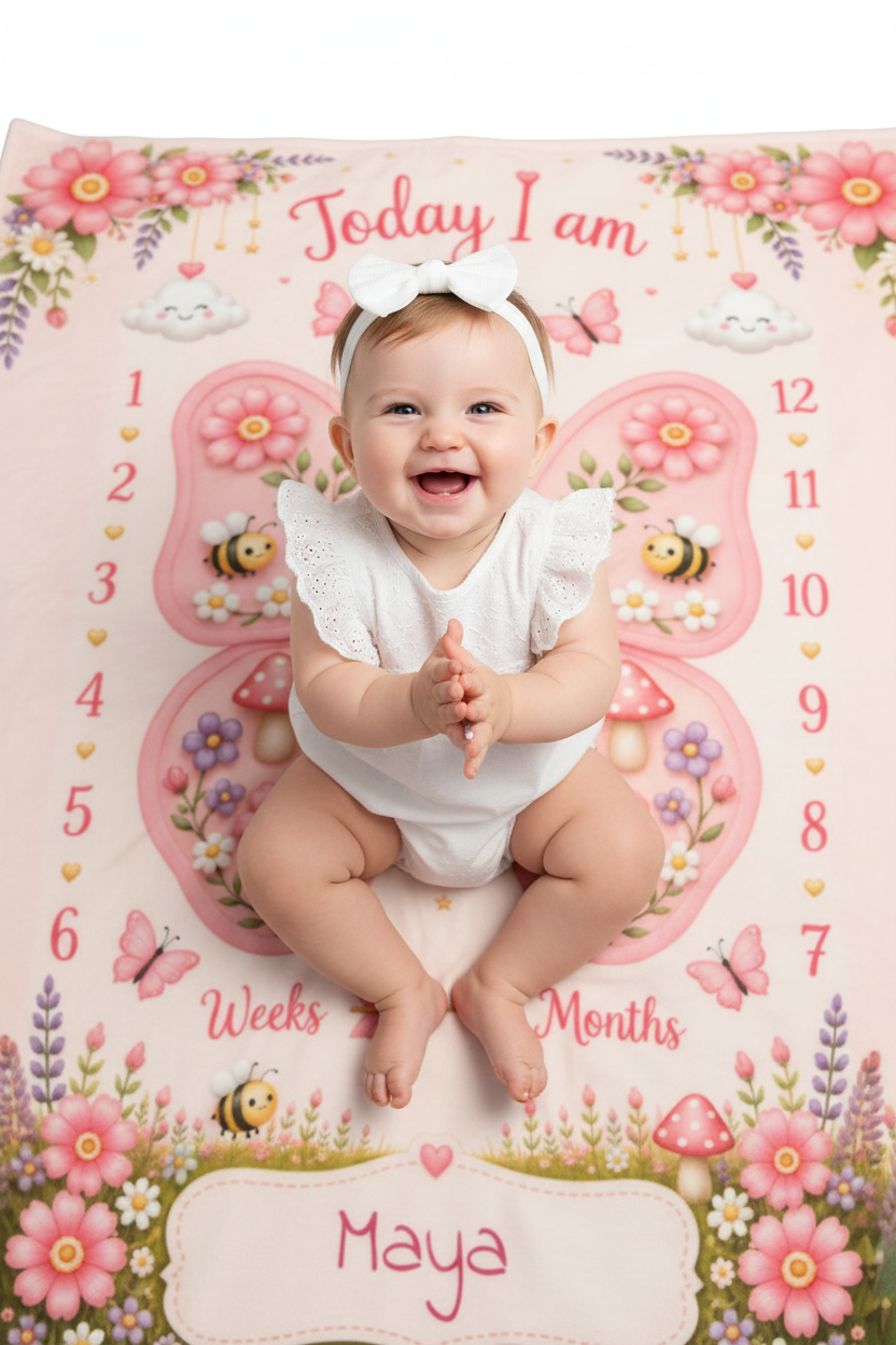Personalized baby milestone blanket with pink butterfly garden, weeks/months text, Maya