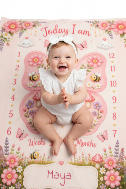 Personalized baby milestone blanket with pink butterfly garden, weeks/months text, Maya