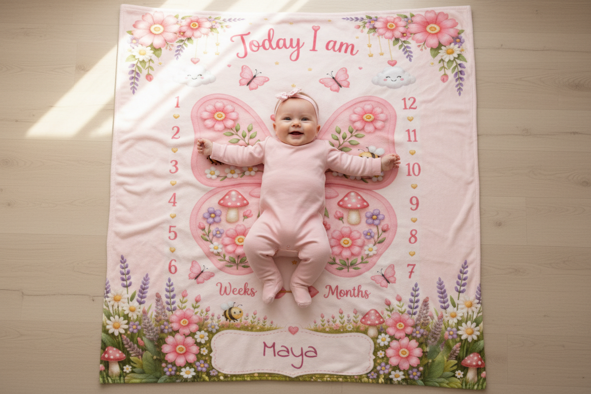 Personalized baby milestone blanket laid flat, pink butterfly design, weeks/months, Maya