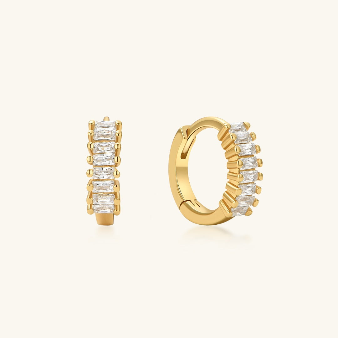 Gold huggie hoop earrings with baguette-cut crystal accents, 11mm hoops