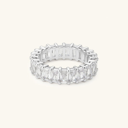 Silver-tone eternity ring with clear baguette-cut cubic zirconia rows