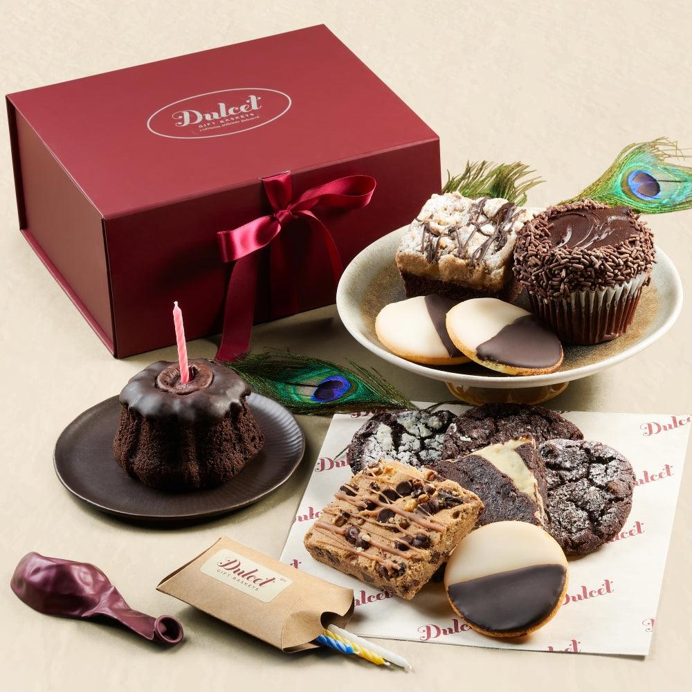 Chocolate birthday gift basket box with ribbon, cupcakes, cookies, and assorted chocolates