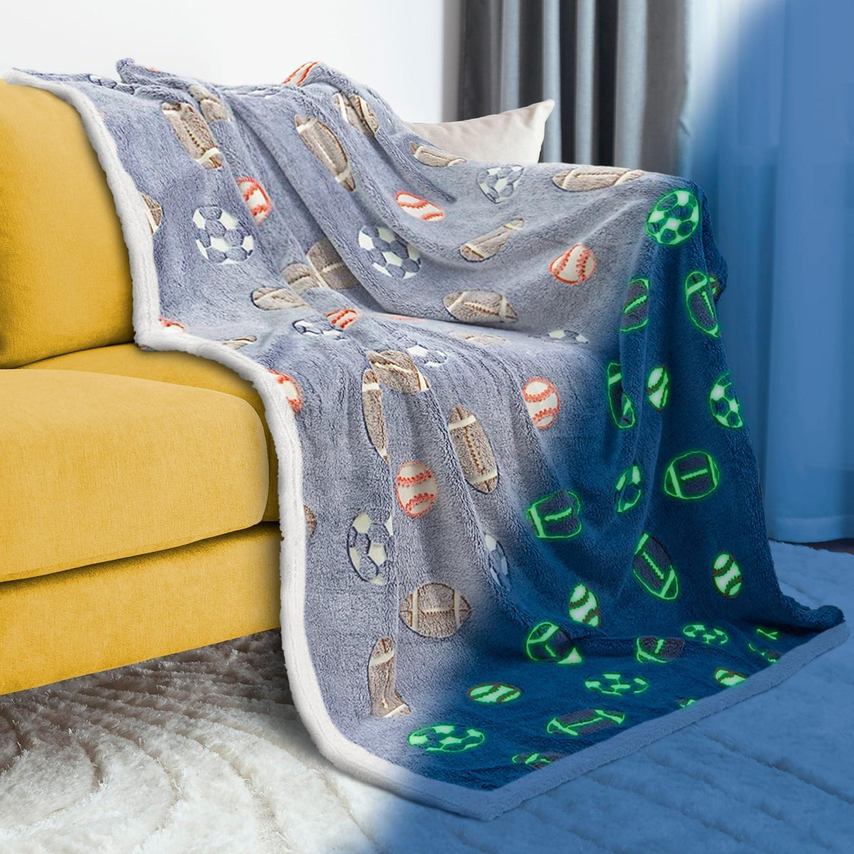 Gray sports blanket with football and soccer prints; green glow icons visible