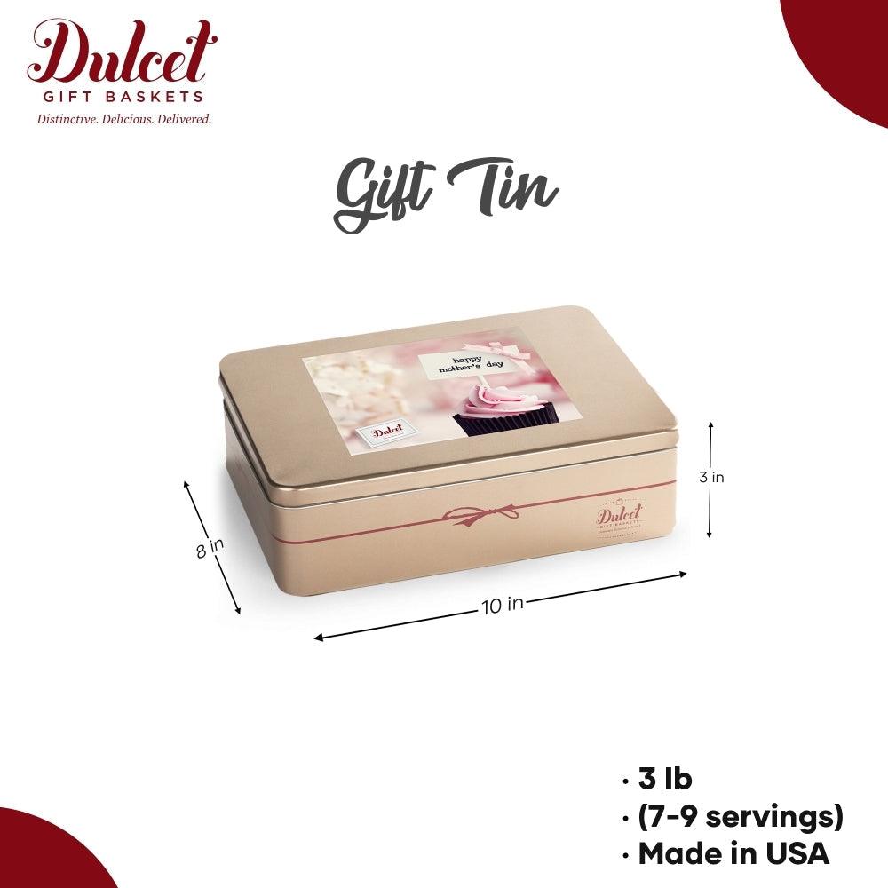 Gift tin dimensions diagram: 10 in wide, 8 in long, 3 in tall