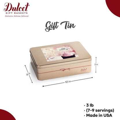 Gift tin dimensions diagram: 10 in wide, 8 in long, 3 in tall