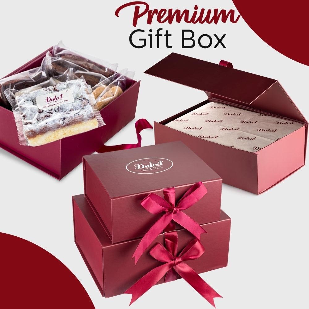 Premium gift boxes with magenta ribbon bow