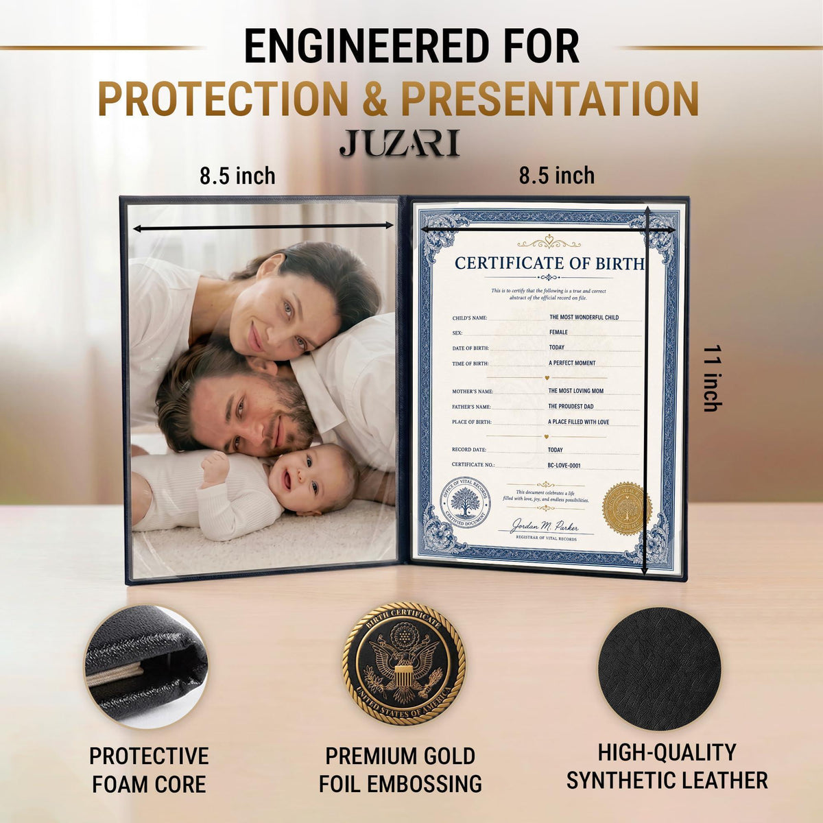Black birth certificate holder with gold embossed cover and clear document display