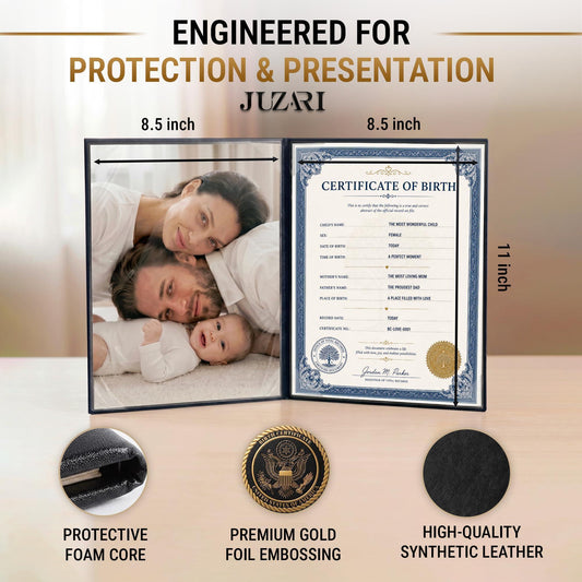 Black birth certificate holder with gold embossed cover and clear document display