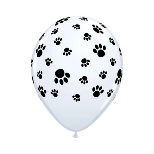 Latex balloon with black paw print pattern on white