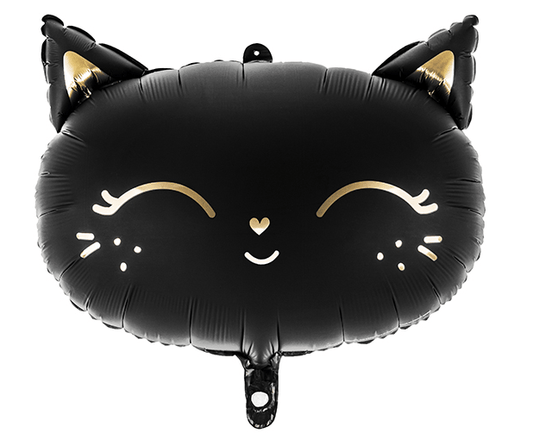 Black cat matte balloon with smiling face, golden foil whiskers and ears