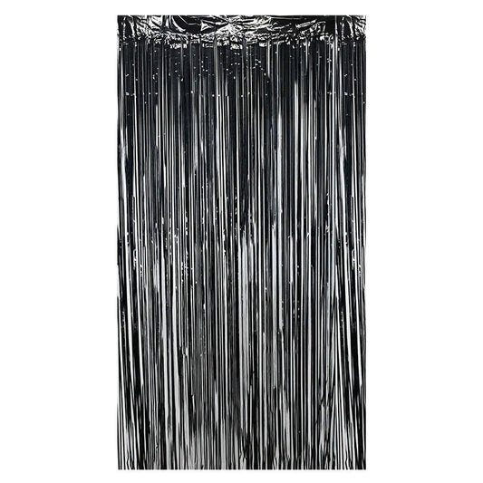 Black metallic fringe curtain panel with vertical hanging strands