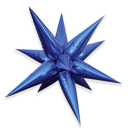 Blue starburst cluster balloons with pointed metallic star shape, 19–40 in sizes