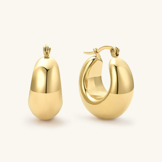 Gold-tone bubble hoop earrings, rounded teardrop shape with small studs
