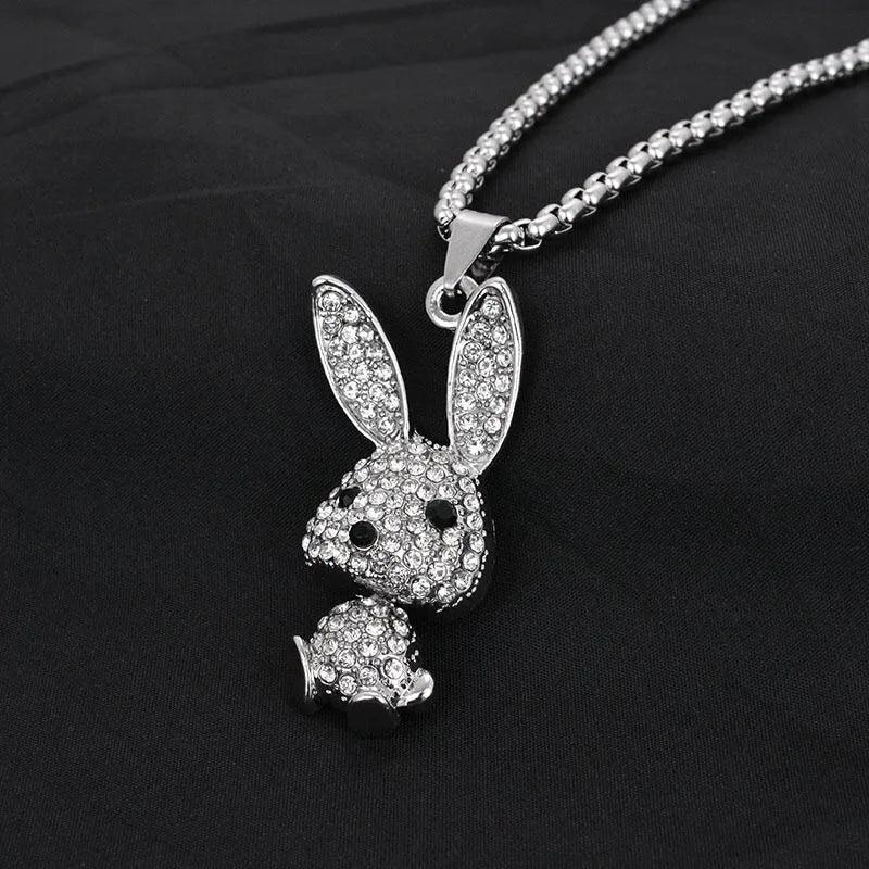 Rhinestone rabbit pendant necklace with dangling bunny head charm on a chain