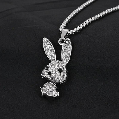 Rhinestone rabbit pendant necklace with dangling bunny head charm on a chain