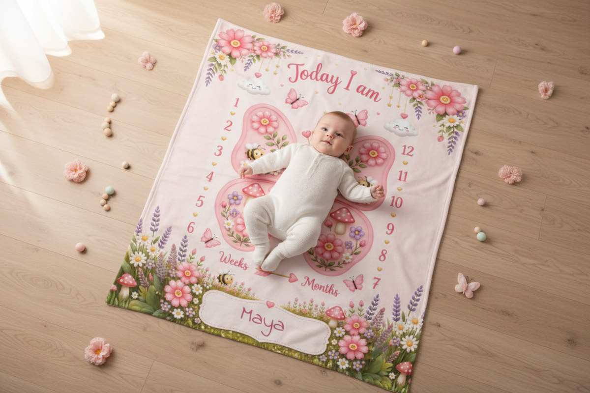 Personalized baby milestone blanket on floor, pink butterfly garden, weeks/months, Maya
