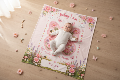 Personalized baby milestone blanket on floor, pink butterfly garden, weeks/months, Maya