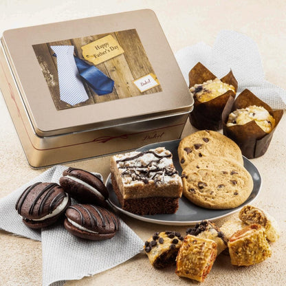 Father's Day gourmet tin with assorted cookies, brownies, and sandwich cookies on plate