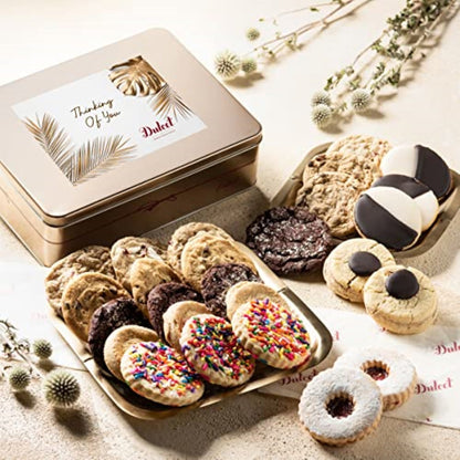 Cookie assortment gift tin with assorted cookies, decorated sugar cookies and dark pastries