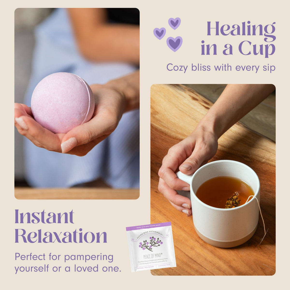 Lavender bath bomb in hands with cup of herbal tea