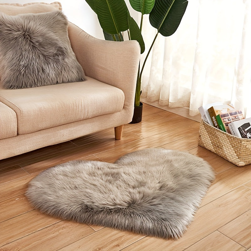 Gray heart-shaped plush area rug with soft faux wool pile