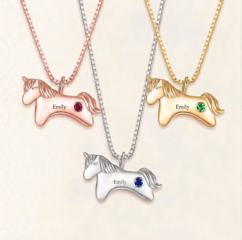 Unicorn birthstone necklace set: gold, silver, and rose colors with colored gem pendants