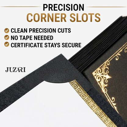 Black certificate holder corner slot detail with gold foil border