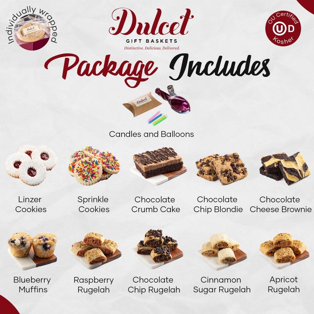 Package includes: candles & balloons and cookie assortment (linzer, brownies, rugelach)