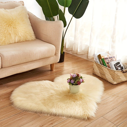 Light yellow heart-shaped plush area rug with soft faux wool pile