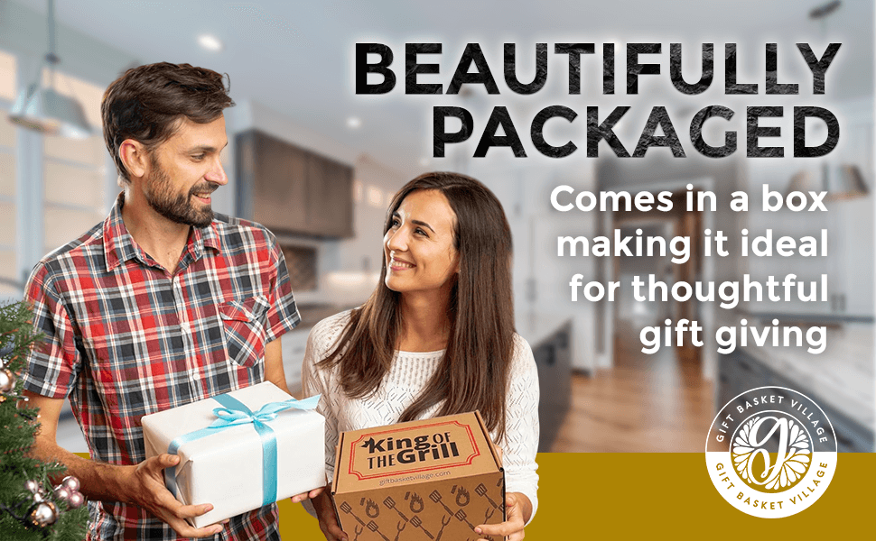 King of the Grill gift box in hand as a wrapped gift with branded cardboard box