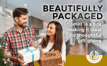 King of the Grill gift box in hand as a wrapped gift with branded cardboard box
