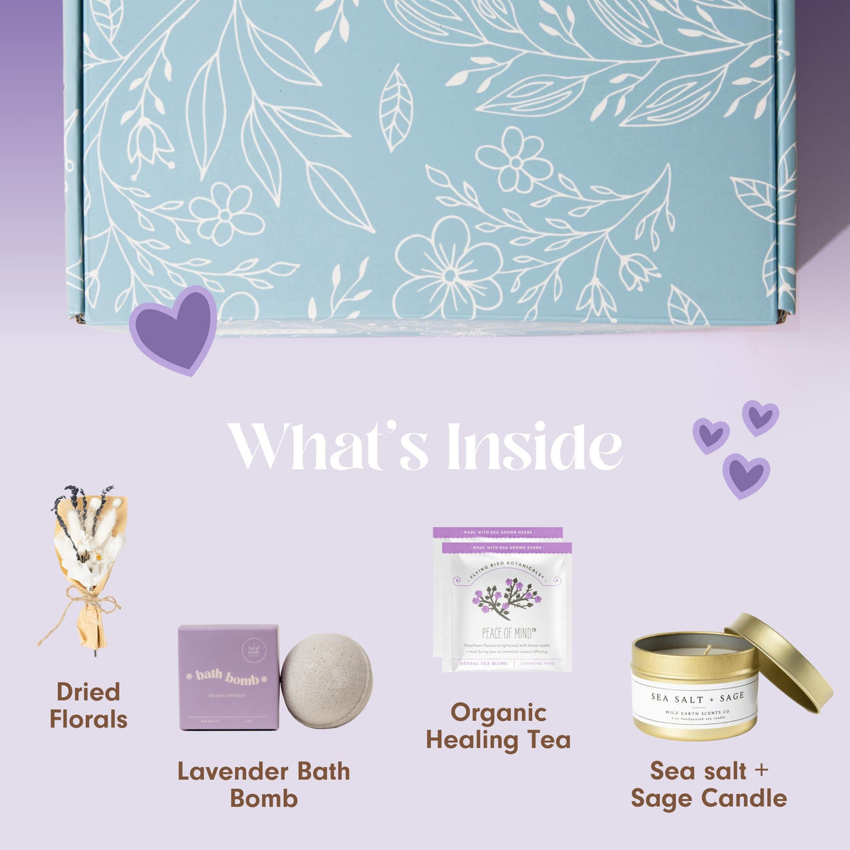 Gift set contents: dried florals, lavender bath bomb, organic healing tea, sea salt candle