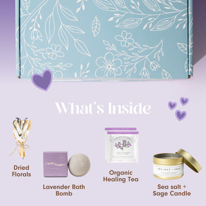 Gift set contents: dried florals, lavender bath bomb, organic healing tea, sea salt candle