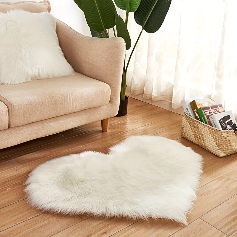 White heart-shaped plush area rug with soft faux wool pile