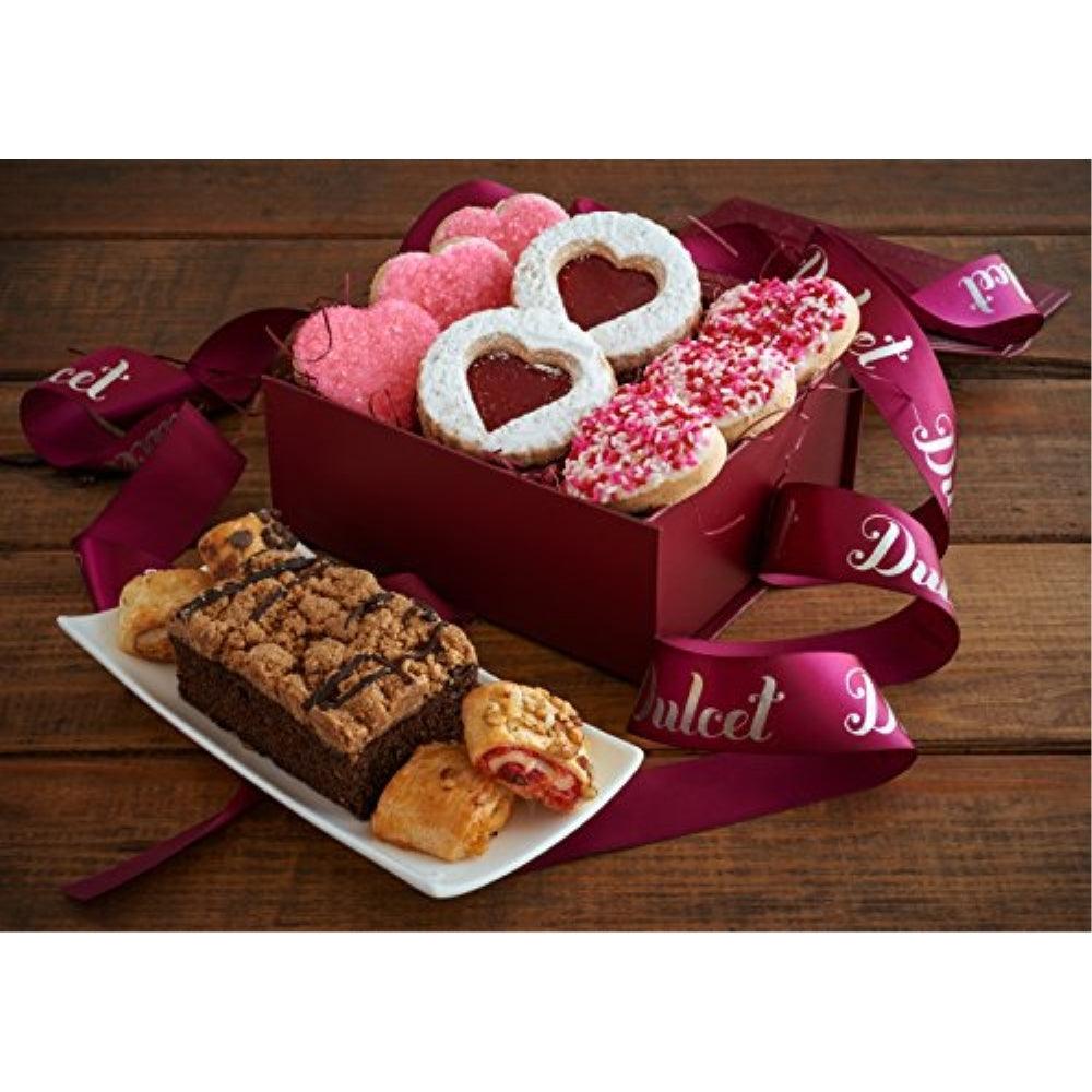Classic heart sugar cookies gift basket with frosted heart cookies and ribbon-tied box