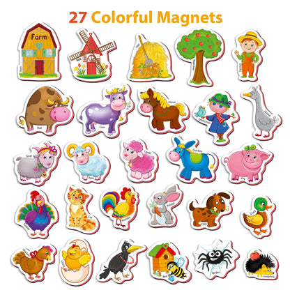 27 colorful farm animal character foam magnets assortment on white background