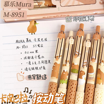 Capybara gel pen set, 0.5mm black ink, patterned beige and brown barrels