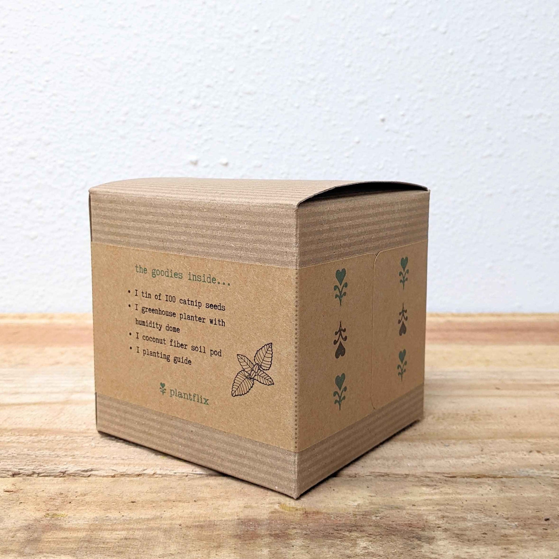 Catnip seed kit box side panel with small plant icon graphics