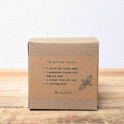 Catnip seed kit box panel with contents list and leaf illustration