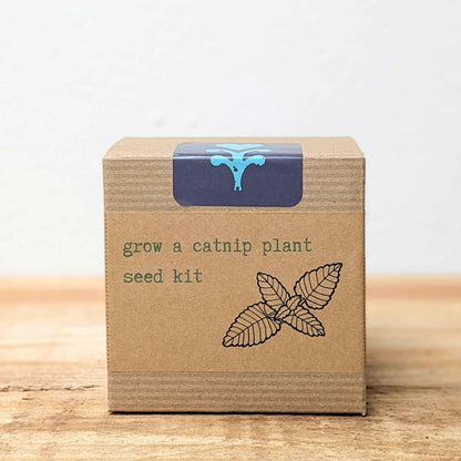 Catnip seed kit box, front view, blue top label with cat silhouette