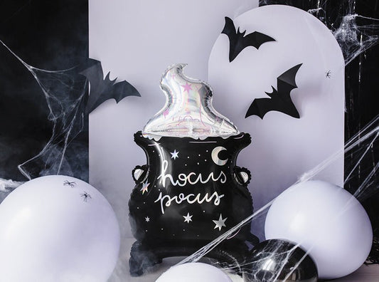 Halloween cauldron foil balloon with bats and sparkly black magic design