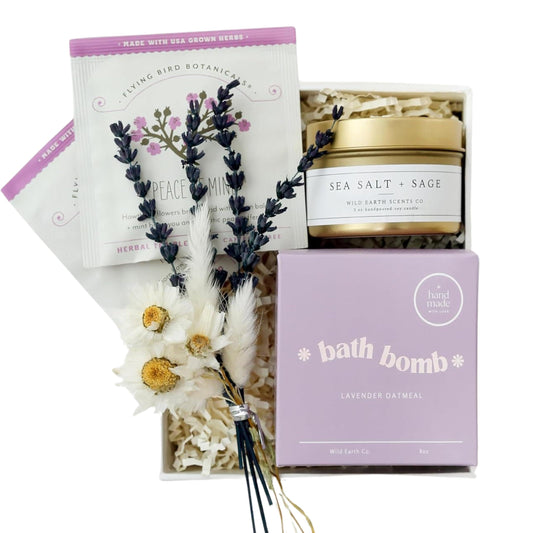 Mini lavender spa gift set with bath bomb, sea salt sage candle, and tea bag