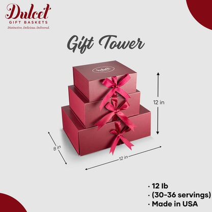 Cookies & Treats gift tower boxed with pink ribbon bows; 12 in height shown