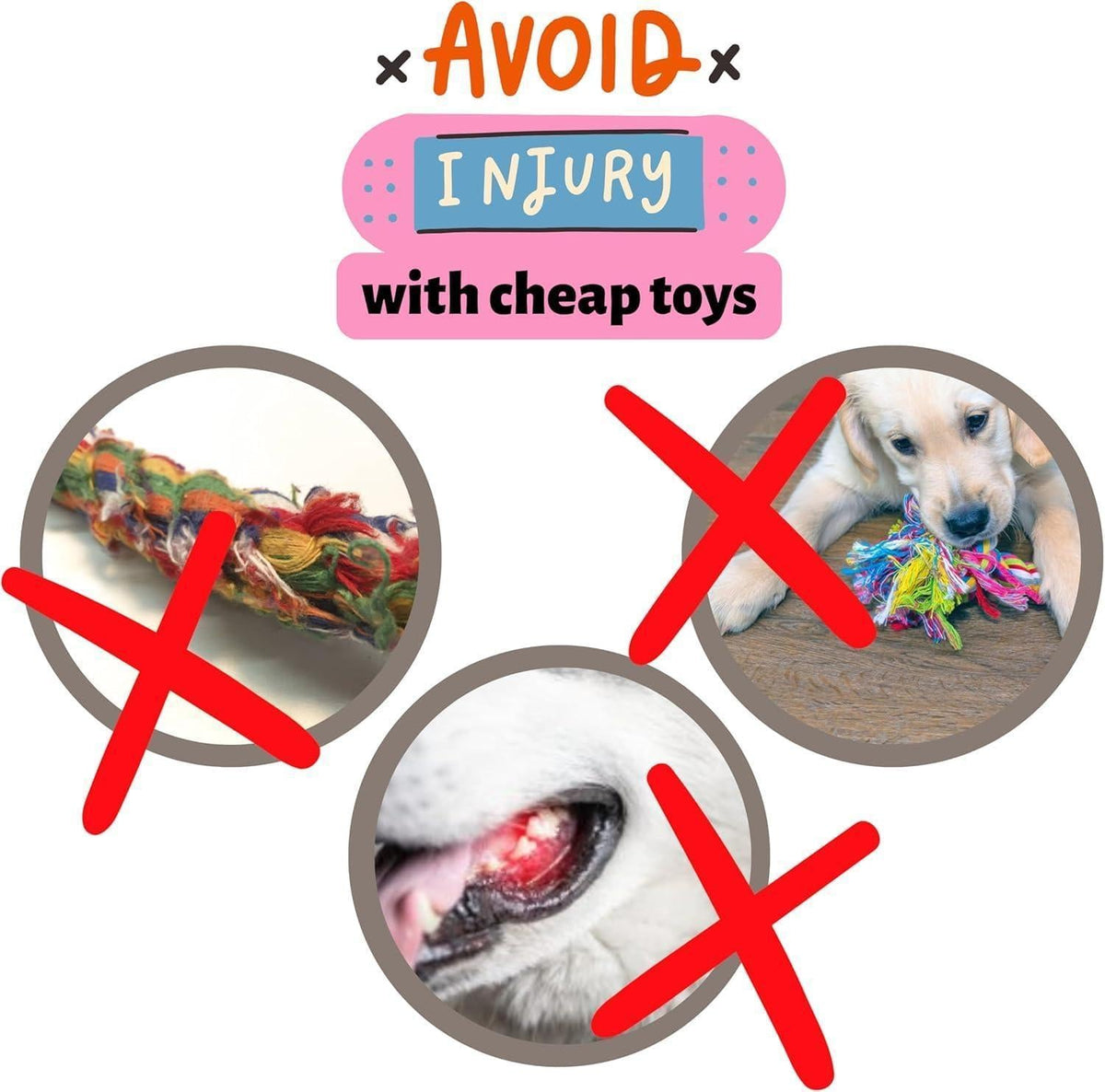 Safety warning graphic about choosing quality dog toys to avoid injury