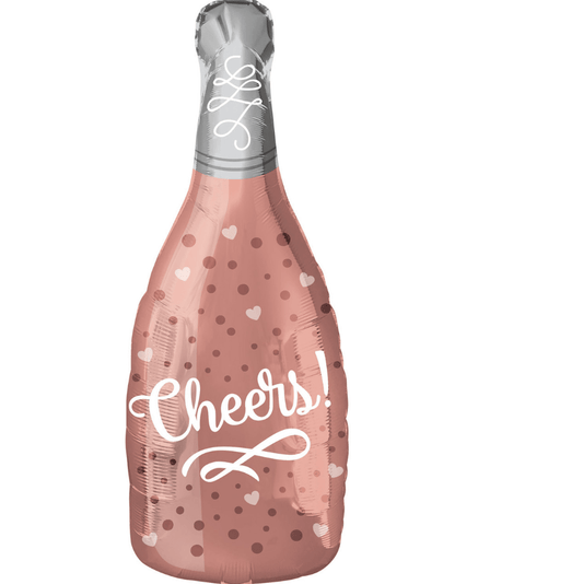 Champagne foil balloon with “Cheers!” in cursive and pink with dotted pattern
