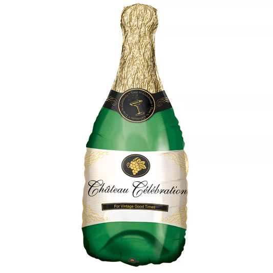 Champagne bottle foil balloon in gold foil and green with black label