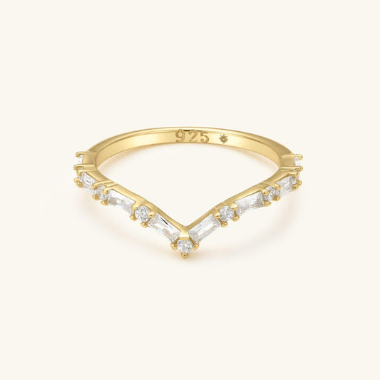 Gold chevron stacking ring with small round stones, 925 stamp
