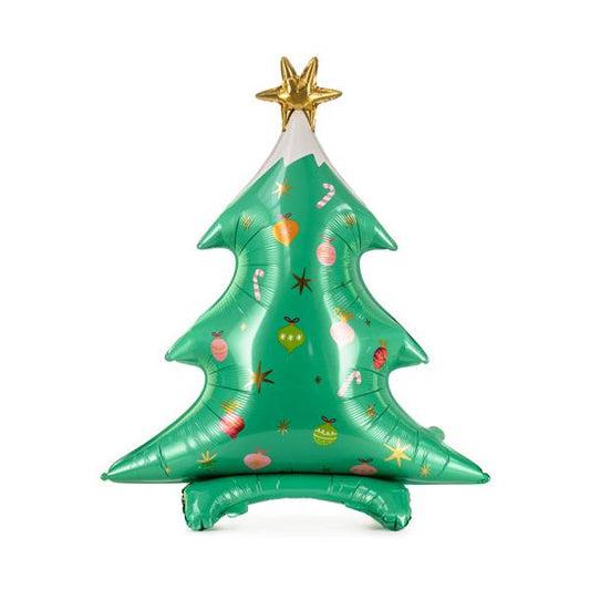Green Christmas tree-shaped standing balloon with gold star topper and printed ornaments.